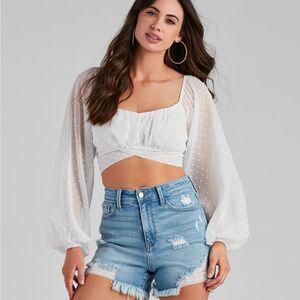 Windsor White Pearl Long Sleeve Breezy And Chic Sheer Crop Top